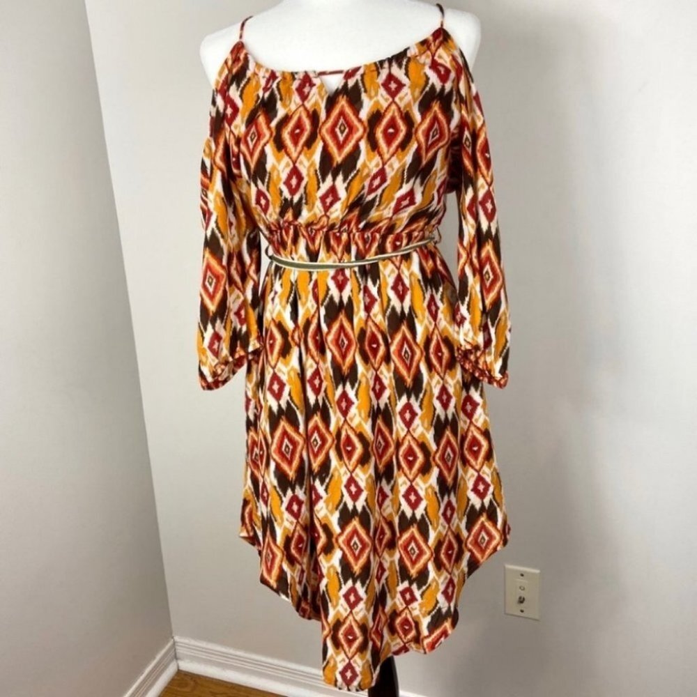 Umgee Bohemian Cold Shoulder Midi‎ Dress Aztec Size Medium Tassel Hippie Boho M